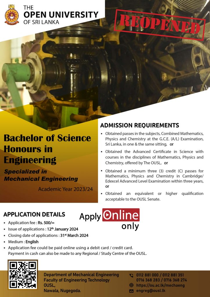 Bachelor of Science Honours in Engineering – Mechanical Engineering – OUSL