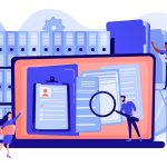 Organized archive. Searching files in database. Records management, records and information management, documents tracking system concept. Pink coral blue vector isolated illustration